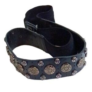 Unisex Snap On‎ Stretch and Leather Black Studded Belt Silver Accents Goth